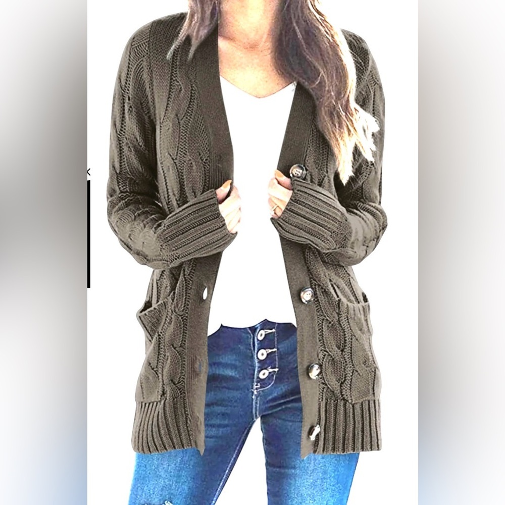 Cozy Cable Knit Cardigan - Olive Green With Button Closure And Pockets